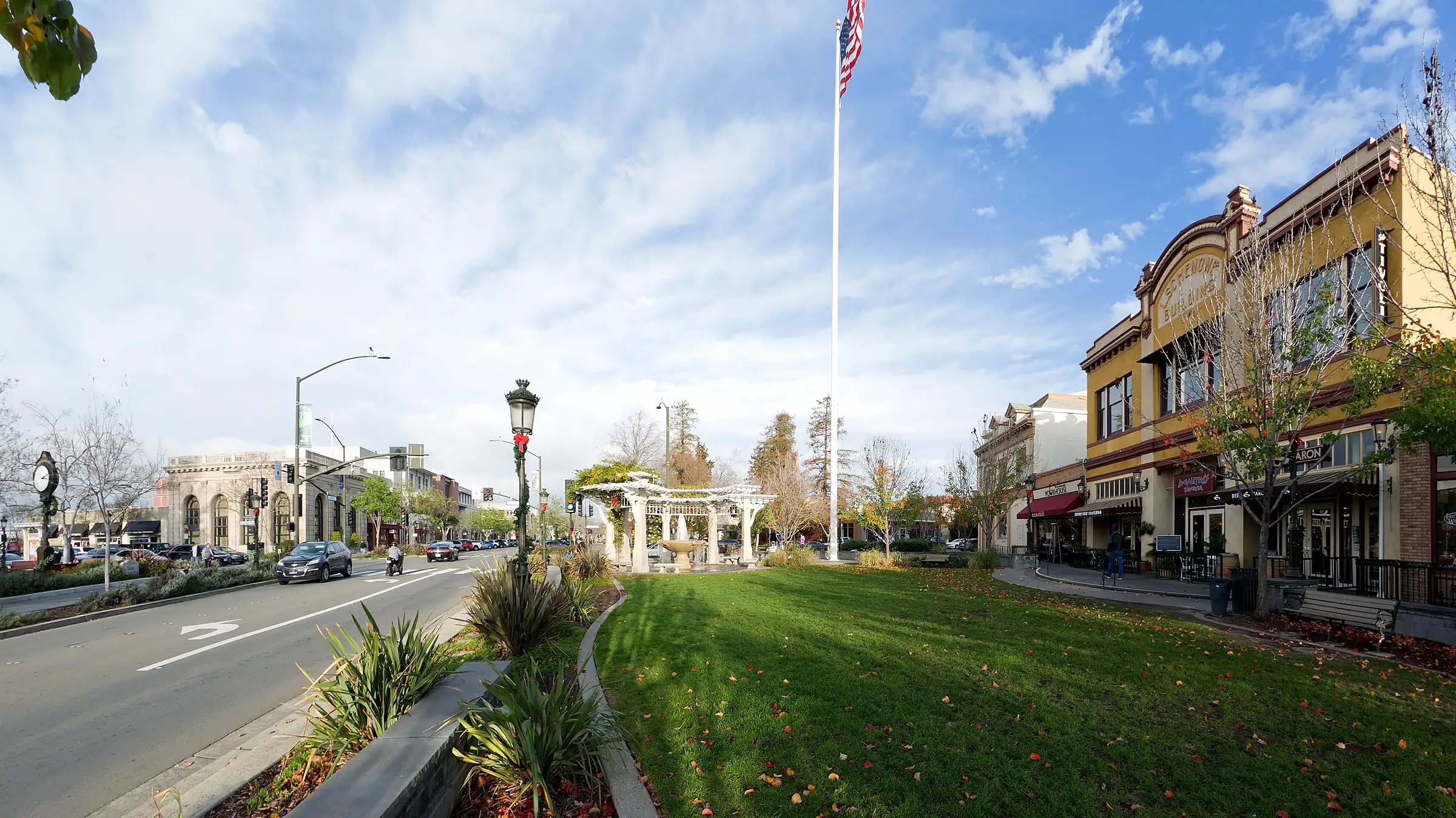 Downtown Livermore, California, with the flagpole lawn and historic storefronts