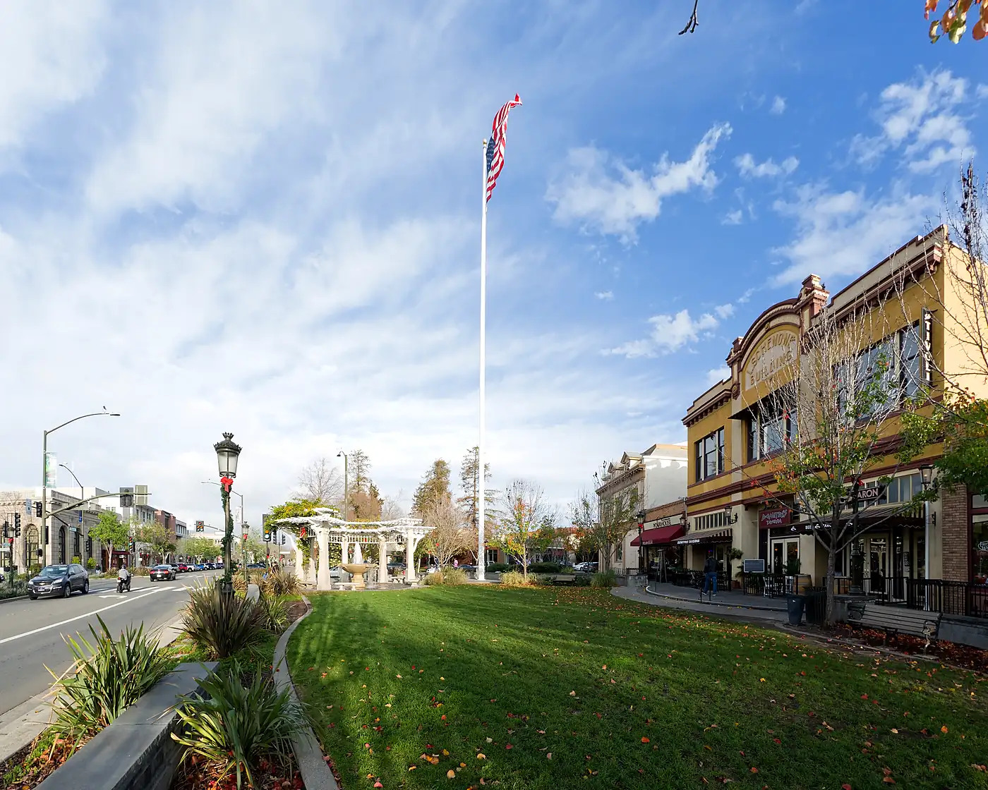 Downtown Livermore, California, with the flagpole lawn and historic storefronts